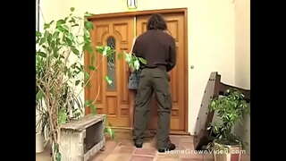 Horny blonde sucks then fucks her boyfriend on the patio