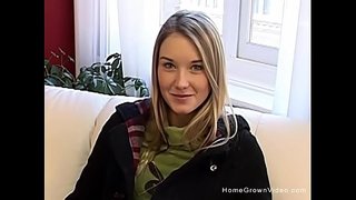 Super cute blonde teen strips nude and plays with her tight pussy